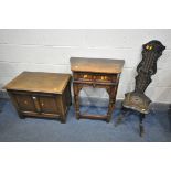 A REPRODUCTION OAK PANELLED BLANKET BOX, width 66cm x depth 40cm x height 51cm, an oak single drawer