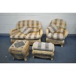 A WICKER CONSERVATORY SUITE, comprising a sofa length 139cm, armchair, occasional table and