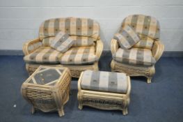 A WICKER CONSERVATORY SUITE, comprising a sofa length 139cm, armchair, occasional table and