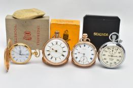 THREE OPEN FACE POCKET WATCHES AND A STOP WATCH, to include a large gold filled 'Ingersoll' open