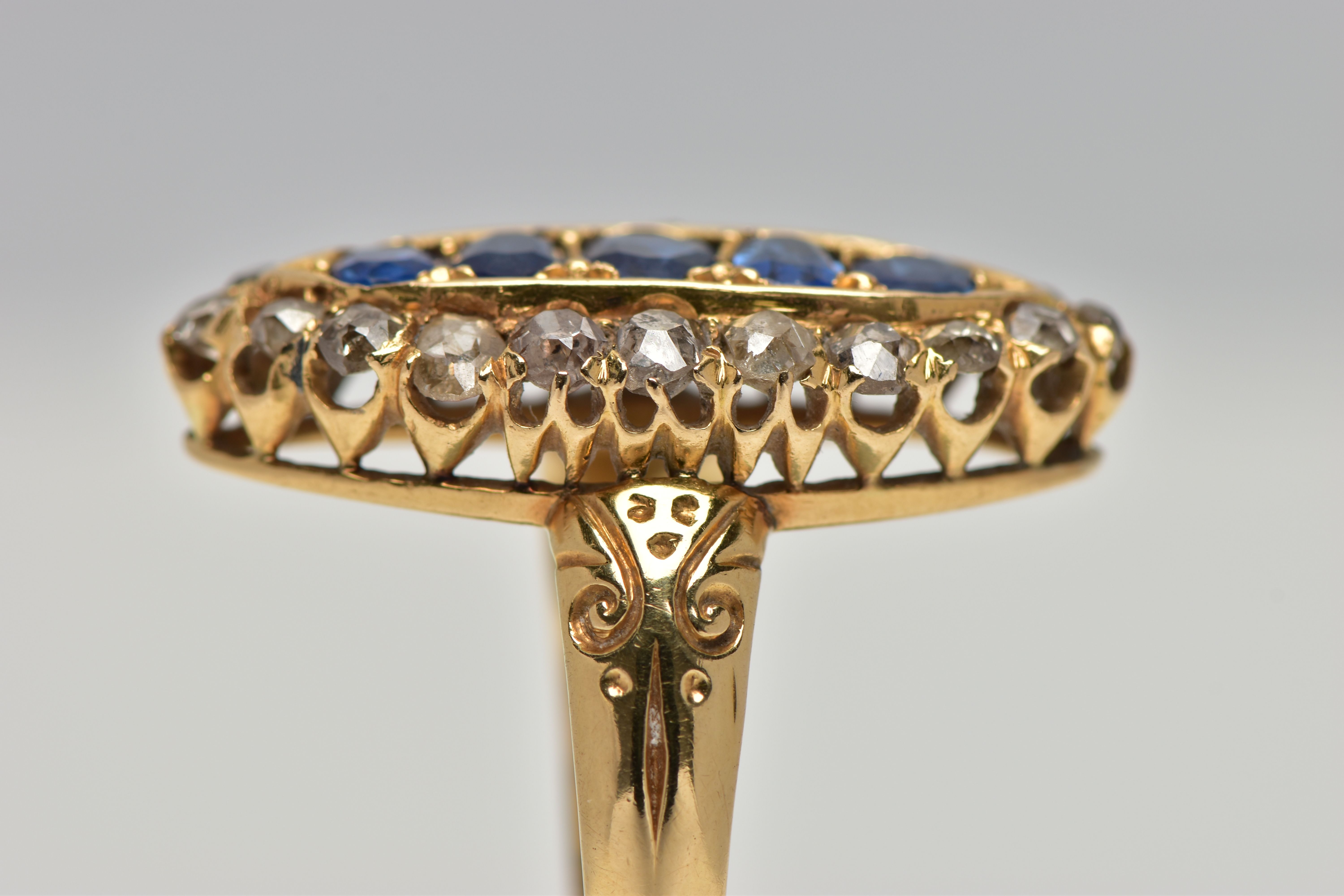 AN 18CT GOLD, LATE VICTORIAN SAPPHIRE AND DIAMOND RING, of a large marquise form set centrally - Bild 8 aus 10