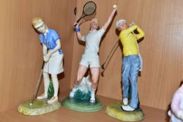 THREE SPORTS THEMED ROYAL DOULTON FIGURINES, comprising Teeing Off HN3276 issued 1990 - 1997,