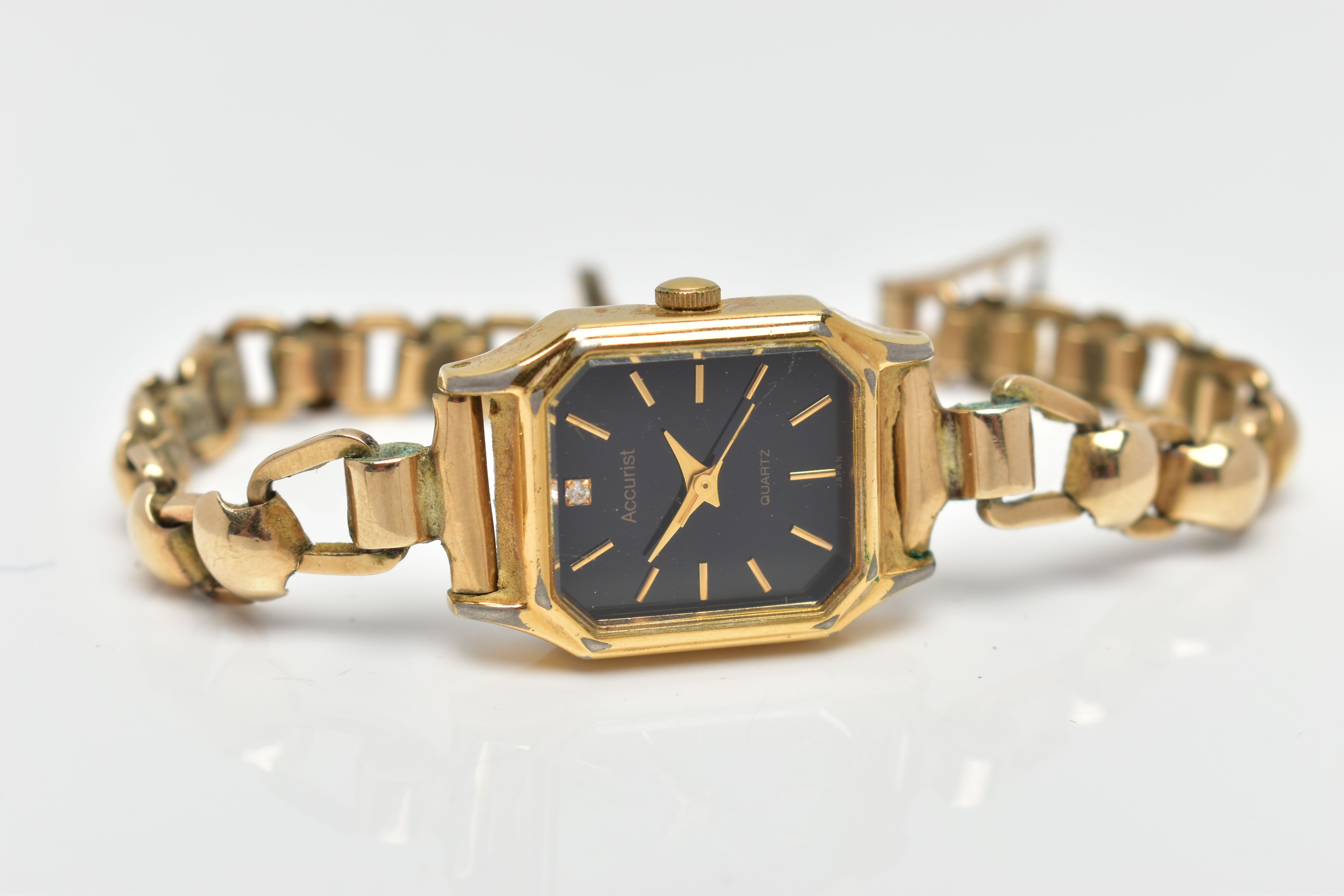 A LADIES 1950's 'ACCURIST' WRISTWATCH WITH 9CT GOLD STRAP, the octagonal black dial, signed ' - Image 4 of 6