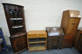 A SELECTION OF LOUNGE FURNITURE, to include an oak bureau (missing backboard) a walnut bureau,