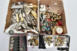 A BOX OF ASSORTED COSTUME JEWELLERY AND CUTLERY, to include an assortment of clip on earrings, names