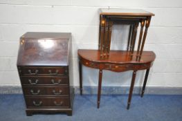 A SLIM MAHOGANY BUREAU, with four drawers, width 56cm x depth 47cm x height 98cm, a mahogany hall