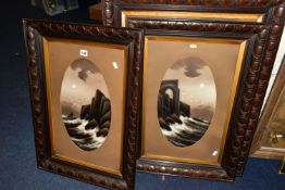 A PAIR OF OAK FRAMED 'GYPSY' MIRRORS, having bevel edged glass with hand painted decoration,