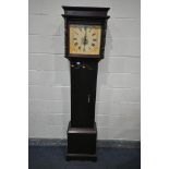 A 20TH CENTURY STAINED WOOD LONGCASE CLOCK, the hood enclosing a painted enamel dial with roman