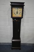 A 20TH CENTURY STAINED WOOD LONGCASE CLOCK, the hood enclosing a painted enamel dial with roman