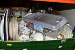 TWO BOXES OF CERAMICS AND GLASSWARE, to include a Royal Stafford 'True Love' tea set , six tea