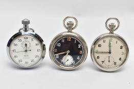 TWO MILITARY POCKET WATCHES AND A STOP WATCH, the first a keyless wind, open face pocket watch,