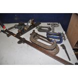 A BOX OF VINTAGE TOOLS to include five Record g-clamps three No4, two No8 and two unbranded No 4,