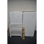 A WHITE PAINTED SINGLE BED FRAME, and a folding single bed frame, both with single mattress, slats