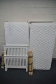 A WHITE PAINTED SINGLE BED FRAME, and a folding single bed frame, both with single mattress, slats