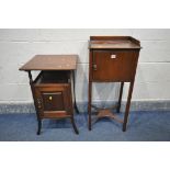 A GEORGIAN STYLE MAHOGANY BEDSIDE TABLE, with a gallery top, single cupboard door, on square legs