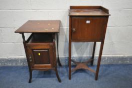 A GEORGIAN STYLE MAHOGANY BEDSIDE TABLE, with a gallery top, single cupboard door, on square legs