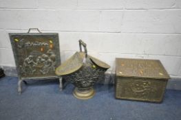 A PRESSED BRASS TWIN LIDDED COAL SCUTTLE, width 48cm x depth 35cm x height 58cm, a pressed brass