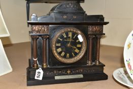 A LATE VICTORIAN BLACK SLATE AND MARBLE MANTEL CLOCK, the case of architectural form with gilt