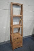 A MANGOWOOD WATERFALL OPEN BOOKCASE, with two drawers, width 46cm x depth 46cm x height 176cm, along