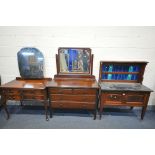 AN ART NOUVEAU MAHOGANY MARBLE TOP WASHSTAND, with a blue tiled back, and double cupboard doors,
