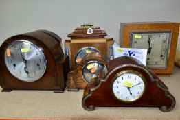 A GROUP OF SIX CLOCKS AND BAROMETER, to include an 'Art Deco' style wooden cased mantel clock,