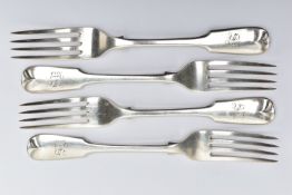 FOUR LATE VICTORIAN SILVER FORKS, Hanoverian fiddle pattern with engraved initials to the