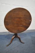 A GEORGIAN MAHOGANY CIRCULAR TILT TOP TRIPOD TABLE, diameter 70cm x height 68cm, and a small oak