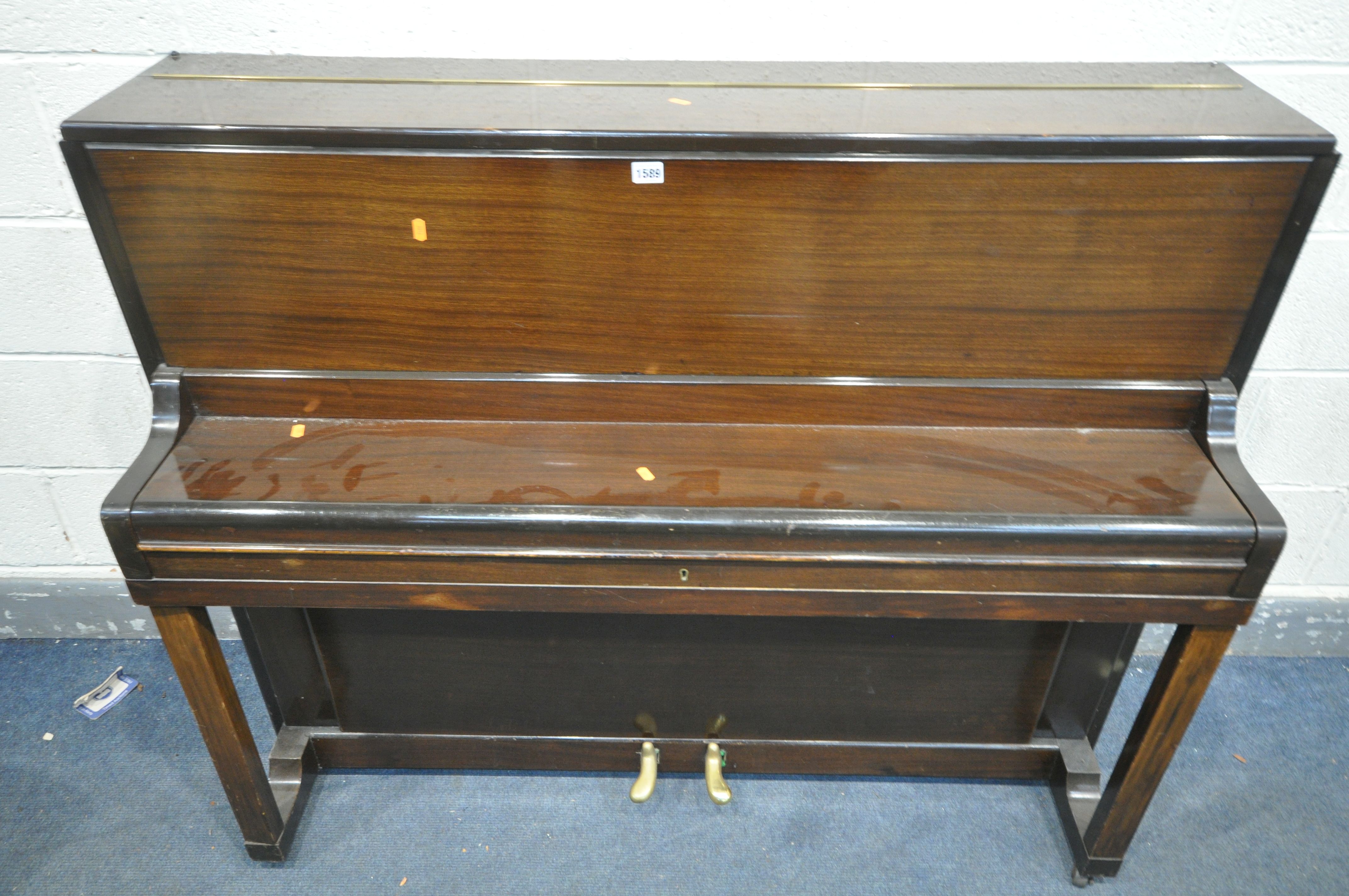 A PRIESTLEY MAHOGANY CASED UPRIGHT PIANO, width 136cm x depth 49cm x height 110cm (condition - all