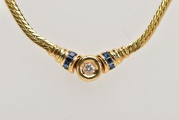 A YELLOW METAL DIAMOND AND SAPPHIRE NECKLACE, an articulated flat link chain fitted with a claw