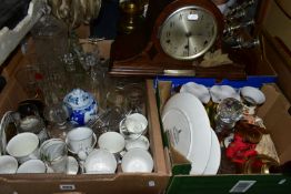 THREE BOXES AND LOOSE SUNDRY ITEMS ETC, to include a Westminster chiming mantle clock with