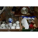 THREE BOXES AND LOOSE SUNDRY ITEMS ETC, to include a Westminster chiming mantle clock with