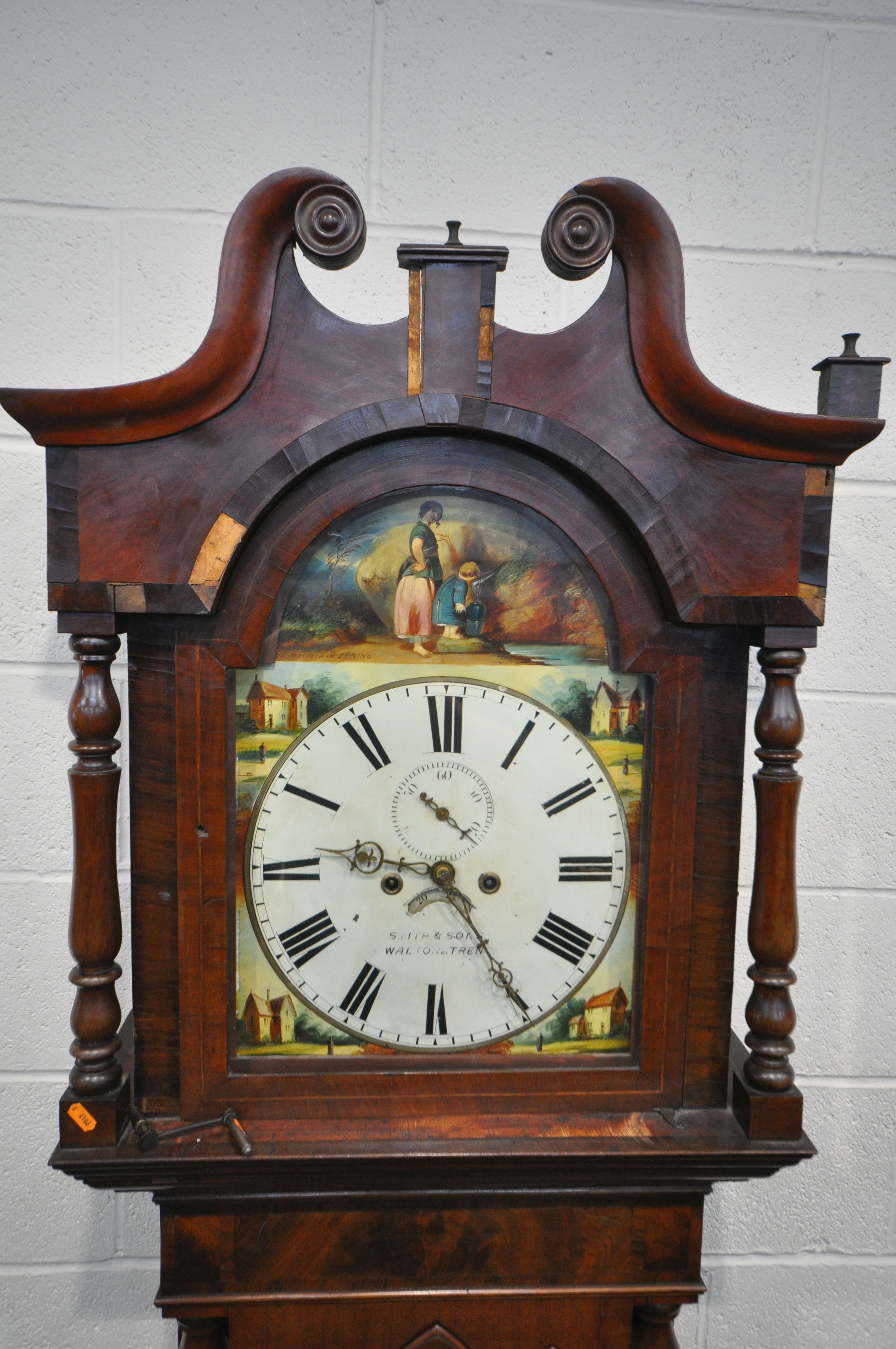 A GEORGIAN FLAME MAHOGANY AND CROSSBANDED EIGHT DAY LONGCASE CLOCK, the hood with swan neck - Image 2 of 5