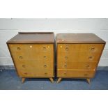 A PAIR OF MID CENTURY WALNUT AND TEAK CHEST OF FOUR LONG DRAWERS, width 76cm x depth 48cm x height