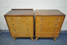 A PAIR OF MID CENTURY WALNUT AND TEAK CHEST OF FOUR LONG DRAWERS, width 76cm x depth 48cm x height