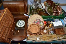 TWO BOXES AND LOOSE SUNDRY ITEMS ETC, to include a wooden model of a rowing boat - possibly a