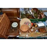 TWO BOXES AND LOOSE SUNDRY ITEMS ETC, to include a wooden model of a rowing boat - possibly a