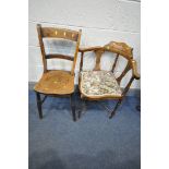 AN EDWARDIAN MAHOGANY AND INLAID CORNER CHAIR, with open armrest, on turned supports and legs,