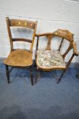 AN EDWARDIAN MAHOGANY AND INLAID CORNER CHAIR, with open armrest, on turned supports and legs,