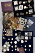 A CARDBOARD BOX CONTAINING COINS AND COMMORATIVES, to include silver and silver content coins Egypt,