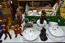 ONE BOX AND LOOSE CERAMICS, to include five mid Century Italian wooden figurines, a cast golfer door