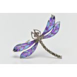 A PLIQUE A JOUR AND MARCASTITE DRAGONFLY BROOCH, the dragonfly with marcasite set body and eyes,