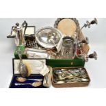 A BOX OF ASSORTED ITEMS, to include a selection of white metal tableware, cased spoons, a large