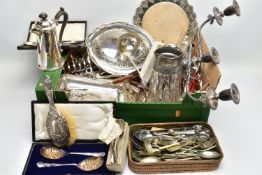 A BOX OF ASSORTED ITEMS, to include a selection of white metal tableware, cased spoons, a large
