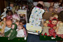 FOUR BOXES OF DOLLS AND SOFT TOYS, to include over forty baby dolls ranging in ages from 1930's,