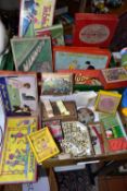 TWO BOXES OF EARLY TO MID 20TH CENTURY JIGSAW PUZZLES AND BOARD GAMES, to include two R. Journet