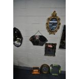 A SELECTION OF VARIOUS MIRRORS, to include a carved oak framed bevelled edge wall mirror (cracked)