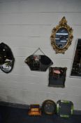 A SELECTION OF VARIOUS MIRRORS, to include a carved oak framed bevelled edge wall mirror (cracked)