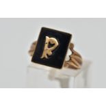 A VICTORIAN INITIAL MOURNING RING, designed with a black rectangular onyx insert, displaying a