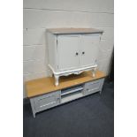 A PARTIALLY PAINTED AND OAK LOW TV STAND, width 144cm x depth 39cm x height 49cm, and a painted