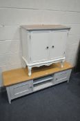 A PARTIALLY PAINTED AND OAK LOW TV STAND, width 144cm x depth 39cm x height 49cm, and a painted